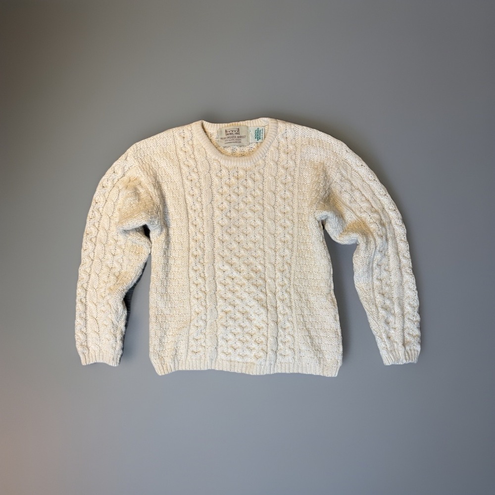Aran Irish Fisherman Cable Knit Sweater Cream Chunky Merino Wool Women's Med